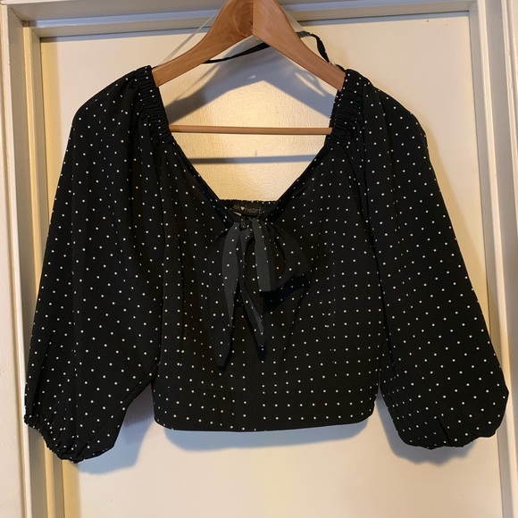 Polka Dot Puff Sleeve Smocked Open Back Blouse - Picture 3 of 4
